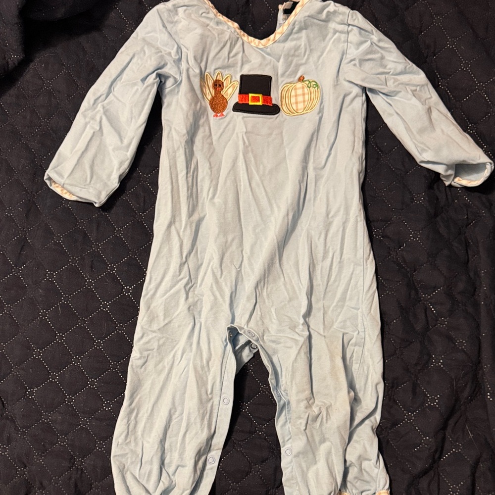Light Blue Baby Romper with Thanksgiving Embroidery